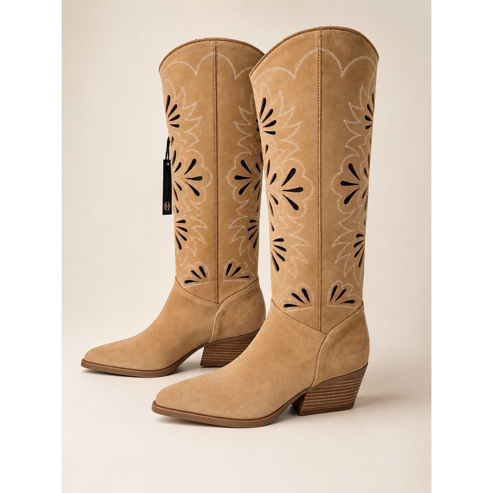 House of Harlow Vanessa Tan Suede Leather Cutout Western Cowboy Boots Size 8